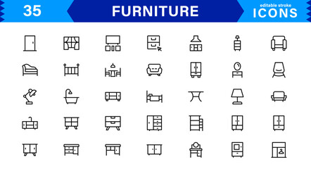 Complete Furniture Icon Set for Modern Design Projects. This Collection Features Chairs, Tables, and Stylish Home Decor Elements.