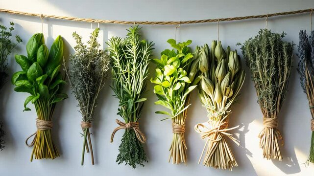 Collection of dried herbs hanging from a rope