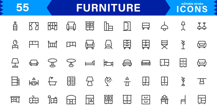 Complete Furniture Icon Set for Modern Design Projects. This Collection Features Chairs, Tables, and Stylish Home Decor Elements.