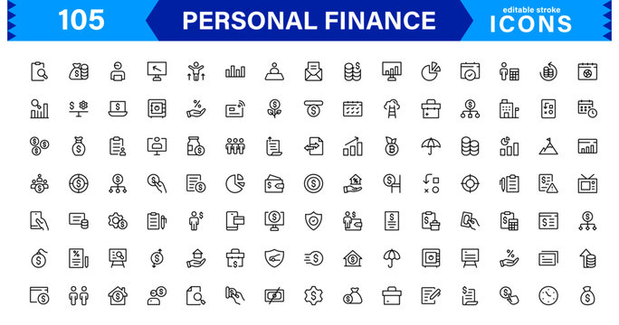 Personal Finance Designs with Essential Icons for Budgeting and Saving. Perfect for Financial Apps, Websites, and Mobile Solutions.