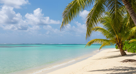 Fototapeta premium Relaxing Tropical Beach Scene with Palm Trees and Turquoise Water