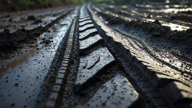 Tire marks imprinted on the wet earth after the rain. The pronounced indentations indicate the vehicle's path, highlighting the texture of the damp soil.
