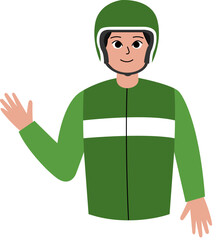 A young male motorcycle taxi driver wearing green clothing