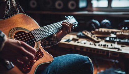 Fototapeta premium Acoustic Guitar Player in Home Studio