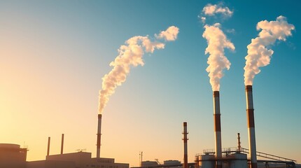 Industrial Chimneys Pumping Smoke into the Sky: A series of industrial chimneys spew billowing smoke into a radiant sky.
