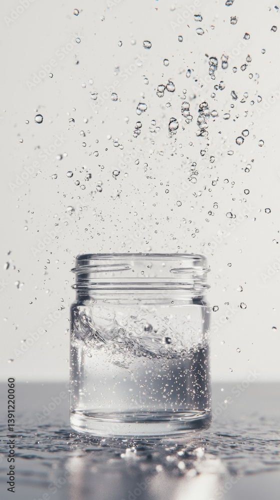 Poster a jar filled with water splashing and creating bubbles in a creative composition.