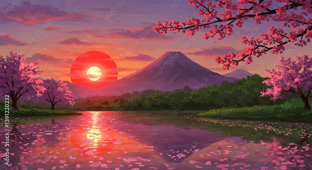 Poster there is a picture of a sunset with cherry trees and a mountain in the background