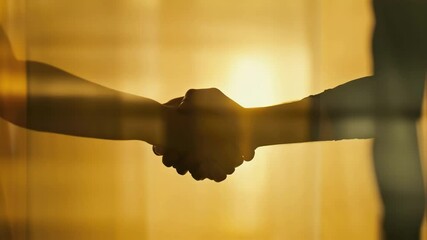 Two politicians shaking hands in silhouette against a golden background, representing political agreement, collaboration, and the essence of partnership in governance