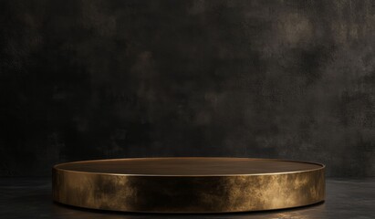 Empty round wooden podium on dark background