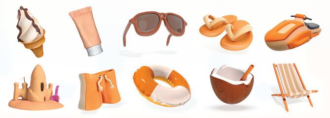 Summer Beach Accessories 3d icon set with jet ski, beach lounger, lifebuoy. sun cream isolated 3d vector illustration