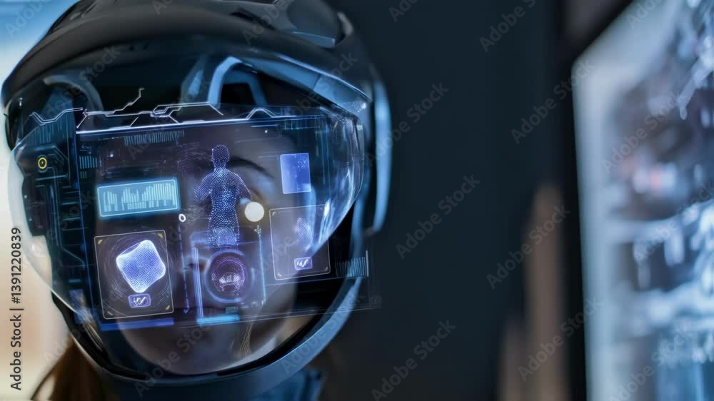 Poster female astronaut wearing a futuristic helmet with a heads up display interface, exploring space char