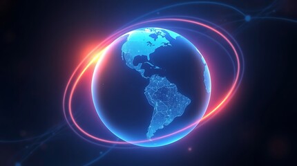 Fototapeta premium Global Connectivity: A vibrant image of planet earth, encased in a network of orbital lines, representing interconnectedness.