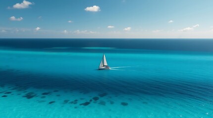 Obraz premium Serene Sailboat Voyage: A solitary sailboat glides gracefully across the expansive turquoise waters under a vast sky, evoking a sense of freedom and tranquility.