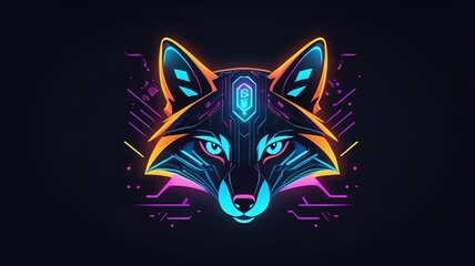 Neon cyber fox logo, glowing circuitry elements, futuristic branding, vector illustration