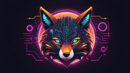 Neon cyber fox logo, glowing circuitry elements, futuristic branding, vector illustration