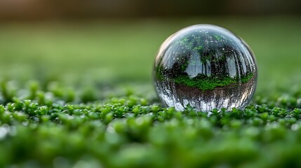 Crystal ball reflecting nature on moss.