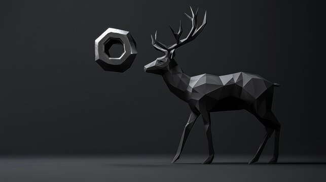 A modern geometric representation of a deer and an abstract shape in dark tones.