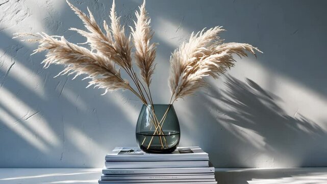Still life composition showcasing white dry lagurus flowers in a gray glass vase, set atop a stack of white magazines against a light backdrop. Front perspective.