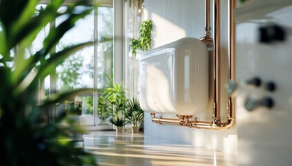 Modern, integrated, energy-efficient heating system.  Sleek, contemporary design blends seamlessly with home interior.  Copper plumbing accents,  plant life creates a calming and healthy ambiance