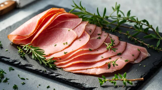 Sliced ham against a backdrop. Fresh prosciutto. Sliced pork ham.