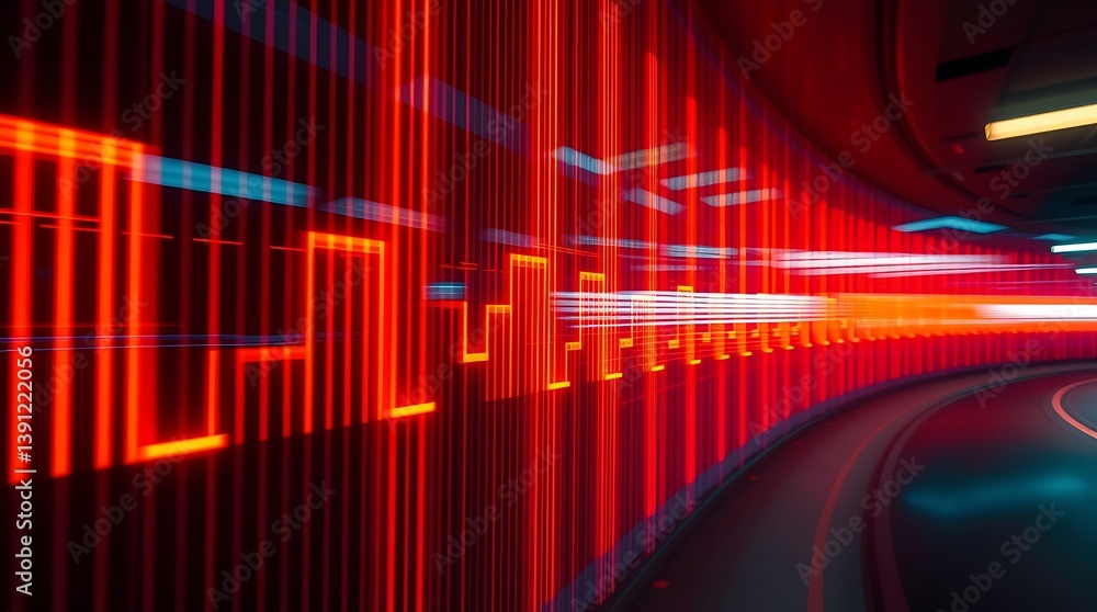 Poster data pulse in red tunnel: a digital data stream of red light pulsating through a futuristic tunnel, 