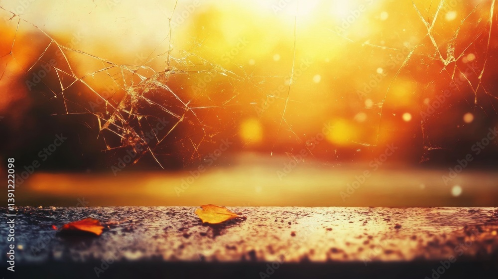 Poster golden sunlight illuminates a scene where fallen leaves rest on a surface alongside delicate spider 
