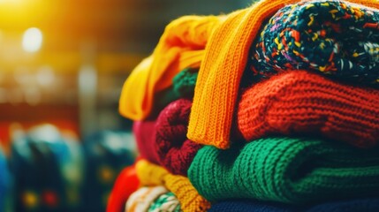 A vibrant display of knitted sweaters in various colors is arranged in a cozy retail environment, perfect for autumn shopping