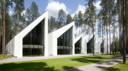 Modern white buildings nestled in a pine forest