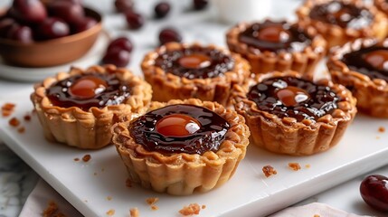 Chinese egg tarts glossy custard centers arranged in a row on a white ceramic platter