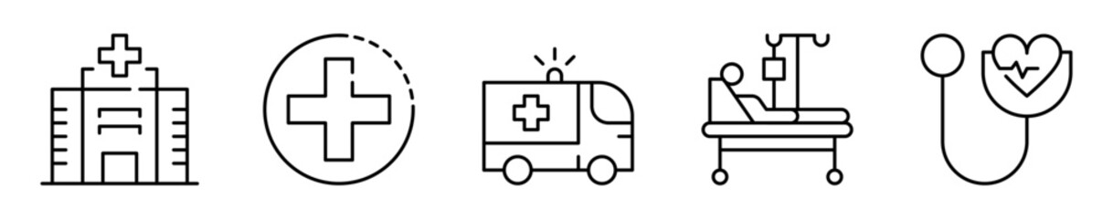 Conjunto de iconos de hospital. Atención médica, emergencia y cuidados clínicos. Edificio hospitalario, cruz médica, ambulancia, paciente internado, revisión médica. Ilustración vectorial