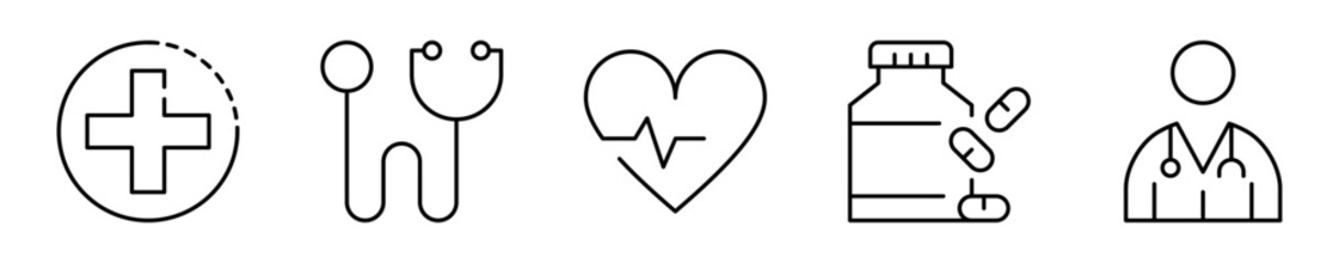 Fototapeta premium Conjunto de iconos de cuidado de la salud. Atención médica, bienestar y prevención. Cruz médica, estetoscopio, salud cardiaca, medicación, profesional de la salud. Ilustración vectorial