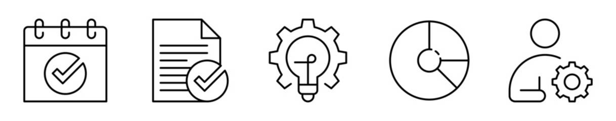 Conjunto de iconos de gestión de proyectos. Planificación, control y ejecución de tareas. Calendario aprobado, documento validado, idea y proceso, análisis porcentual, configuración de tareas