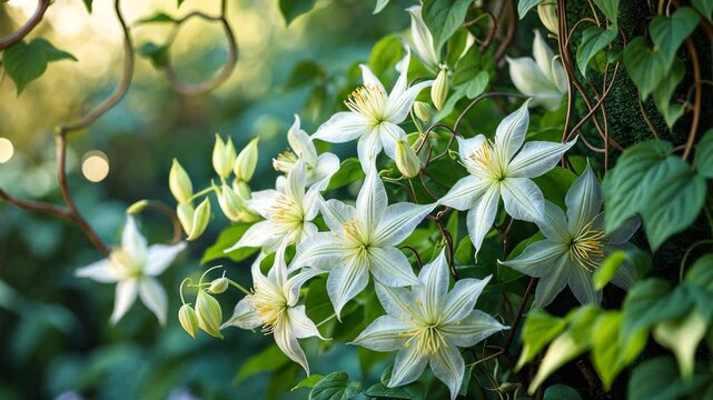 Detailed view of tiny white aromatic clematis blooms in the summer garden. Organic floral backdrop. High-definition video.