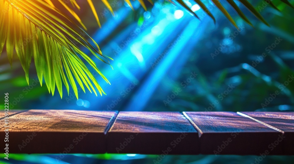 Poster sunlight filters through leaves onto a wooden surface, creating a tranquil and serene environment in