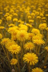 Fototapeta premium Golden Dandelion Field: A vibrant field of sunny yellow dandelions in full bloom. The image captures a moment of pure, natural beauty. 
