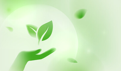 Green environmental protection horizontal illustrator holding up leaves