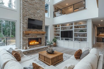 Modern Open-Concept Living Room with Tall Stone Fireplace, Beige Linen Sofa, Wooden Coffee Table, Built-in Shelves, and Mounted TV