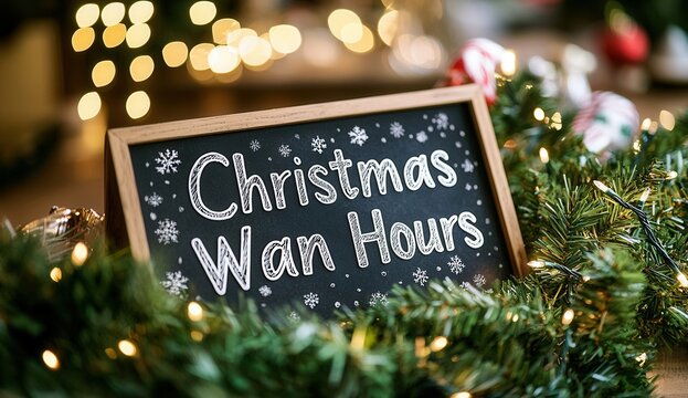 Festive Season Opening Hours Sign with Lights and Garland