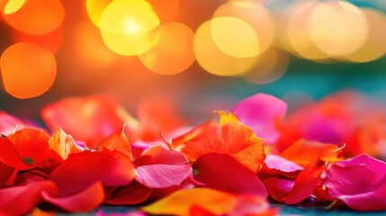 Obraz premium Scattered colorful flower petals create a beautiful display on a surface, illuminated by soft, glowing lights in a lively outdoor environment