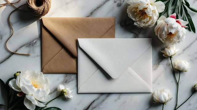 Aerial view of a clean wedding invitation card on a marble backdrop decorated with flowers and twine. Simple flat lay design reflecting the theme of wedding and marriage. Mock-up for a beauty or