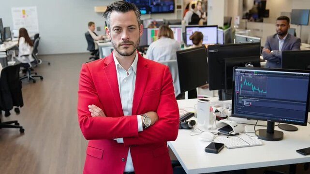 Business Professional in Modern Workspace: A confident, well-dressed individual, centered amidst a contemporary office setting, embodies the essence of professional determination and business acumen.