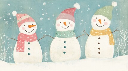 Three charming snowmen wear colorful winter hats and scarves while surrounded by falling snowflakes in a festive winter setting