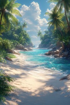 Serene tropical beach scene; crystal-clear water flows into a secluded cove framed by lush palms and white sand