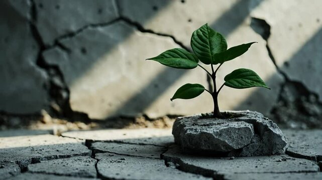 Blurred and grainy image of a tiny tree growing from rock, representing new life, hope, and resilience, featuring a green plant flourishing in stone.