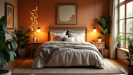 Cozy Bohemian Bedroom Interior with Warm Lighting and Plants