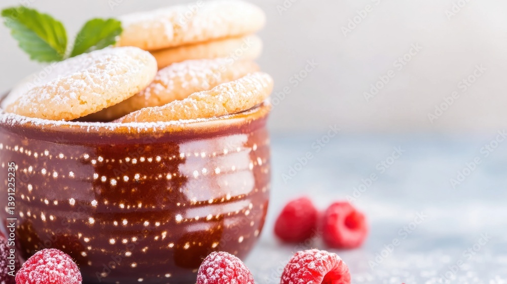 Poster Cookies dusted with powdered sugar rest beside vibrant raspberries in a charming bowl, creating an inviting dessert display