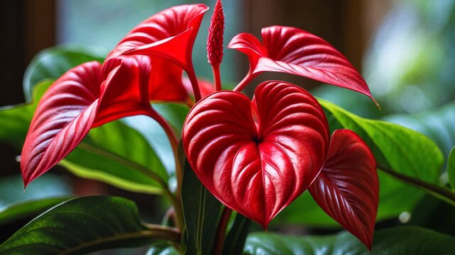 Detailed close-up of a red anthurium bloom