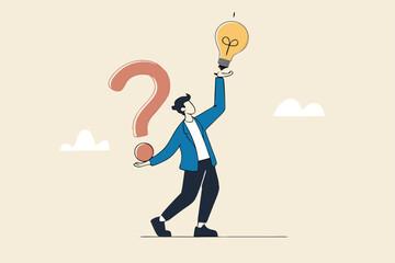 Question and answer, q and a or solution to solve problem, FAQ frequently asked question, help or creative thinking idea concept, smart businessman holding question mark sign and lightbulb solution.