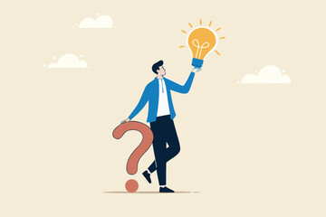 Question and answer, q and a or solution to solve problem, FAQ frequently asked question, help or creative thinking idea concept, smart businessman holding question mark sign and lightbulb solution.
