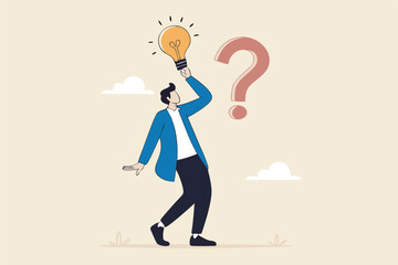 Question and answer, q and a or solution to solve problem, FAQ frequently asked question, help or creative thinking idea concept, smart businessman holding question mark sign and lightbulb solution.